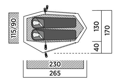 Easy Camp Tent Sarek 2 7 Ilustração das dimensões da tenda Easy Camp Sarek 2 120468 dimensões internas 230 x 115/90 cm e externas 265 x 170 cm