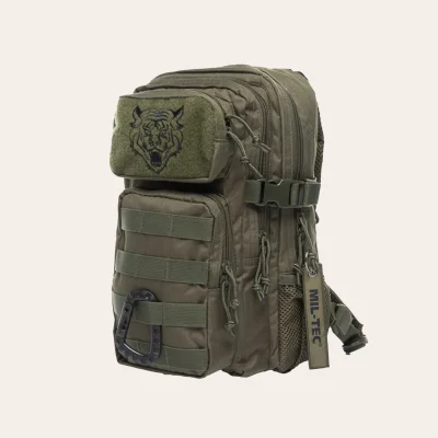 MIL-TEC US Assault Pack Kids - children's tactical backpack with 14 litre capacity, padded back, Molle straps and ergonomic adjustment system. Troop Green colour (14001101)