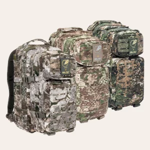 Todas as três versões da mochila A MIL-TEC US Assault Pack SM Laser Cut dos padrões de camuflagem WASP I Z1B, Z2, e Z3A da Phantomleaf