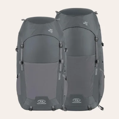 As duas versões da mochila Mochila Highlander Ben Nevis 52 Litros e 65 Litros em cinzento