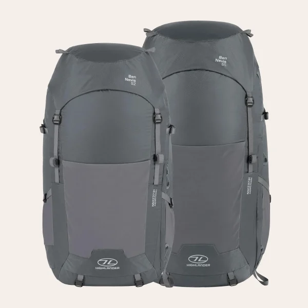 As duas versões da mochila Mochila Highlander Ben Nevis 52 Litros e 65 Litros em cinzento As duas versões da mochila Mochila Highlander Ben Nevis 52 Litros e 65 Litros em cinzento