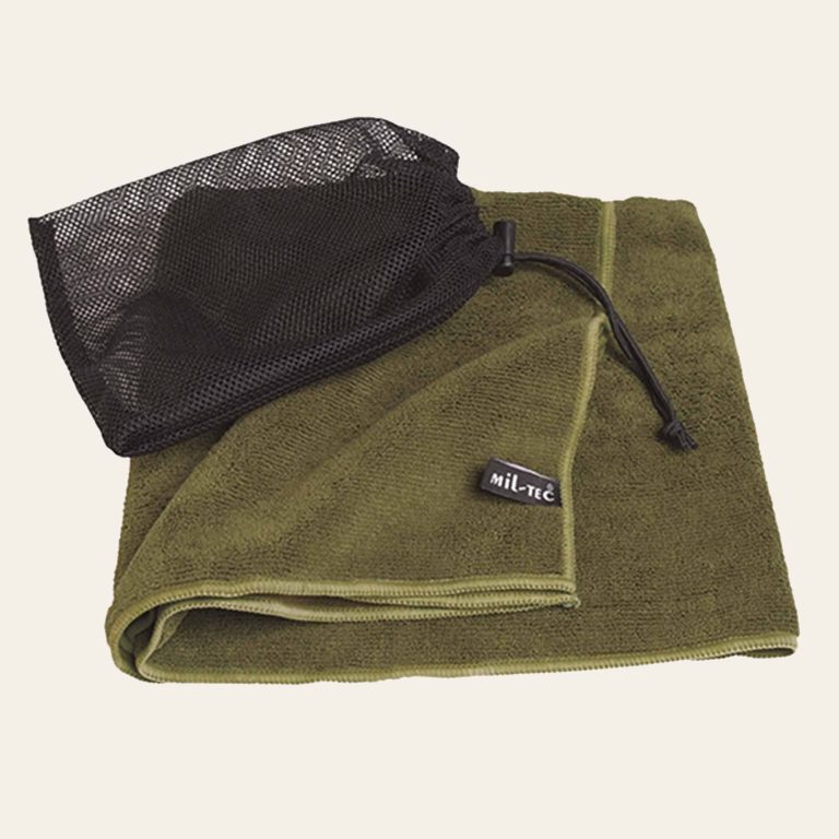 Toalha MIL-TEC Microfibra de 100 x 50 cm com secagem rápida, gancho para secagem e estojo de transporte – ideal para outdoor.