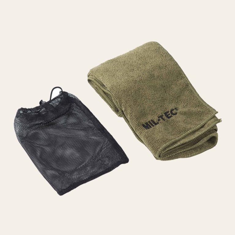 Toalha MIL-TEC Microfibra de 80 x 40 cm com secagem rápida, gancho para secagem e estojo de transporte – ideal para outdoor.