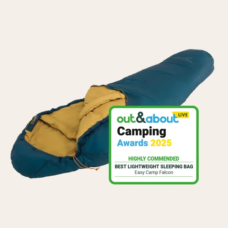 Easy Camp Falcon II Mummy -1°C Half open sleeping bag in blue with the certificate "Winner of the Out & About Camping Awards 2025 - Best Lightweight Sleeping Bag".
