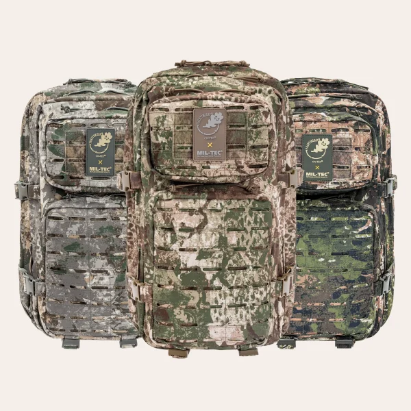 Todas as três versões da mochila A MIL-TEC US Assault Pack LG Laser Cut dos padrões de camuflagem WASP I Z1B, Z2, e Z3A da Phantomleaf Todas as três versões da mochila A MIL-TEC US Assault Pack LG Laser Cut dos padrões de camuflagem WASP I Z1B, Z2, e Z3A da Phantomleaf
