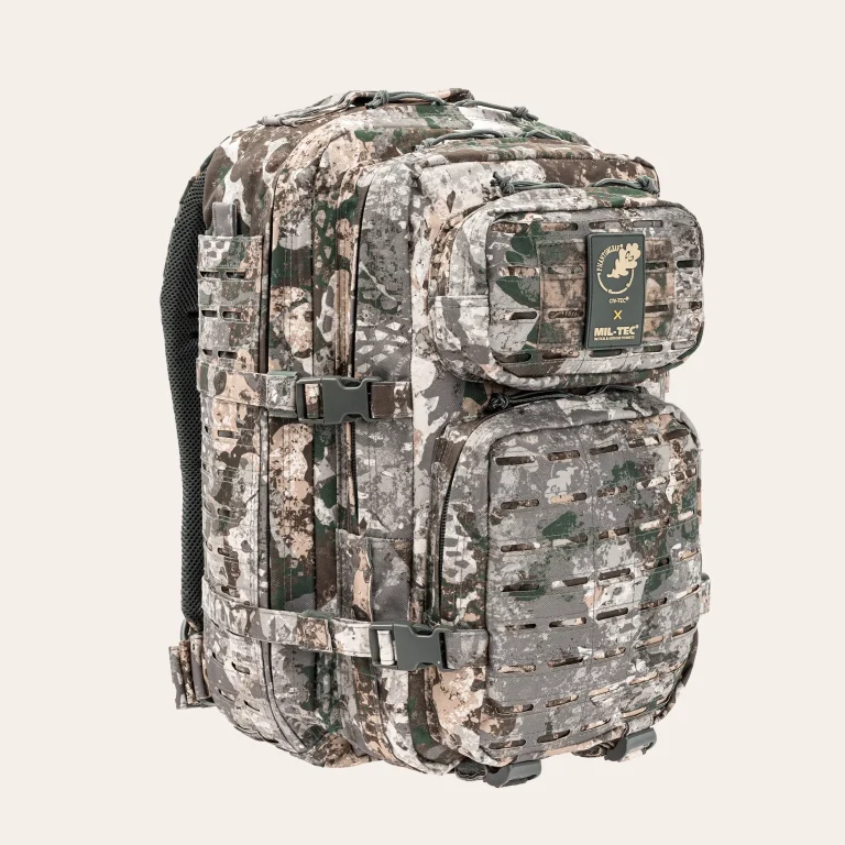 MIL-TEC US Assault Pack LG Laser Cut 16 Vista lateral da MIL-TEC US Assault Pack SM Laser Cut em WASP I Z1B – mochila tática de 36 litros com MOLLE Laser-Cut, costas acolchoadas e compartimento para sistema de hidratação