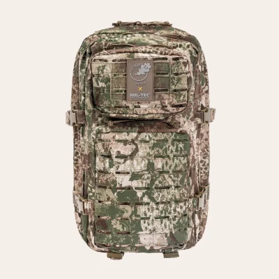 Vista frontal da MIL-TEC US Assault Pack SM Laser Cut em WASP I Z2 – mochila tática de 36 litros com MOLLE Laser-Cut, costas acolchoadas e compartimento para sistema de hidratação