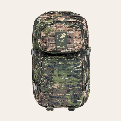 Vista frontal da MIL-TEC US Assault Pack SM Laser Cut em WASP I Z2 – mochila tática de 36 litros com MOLLE Laser-Cut, costas acolchoadas e compartimento para sistema de hidratação
