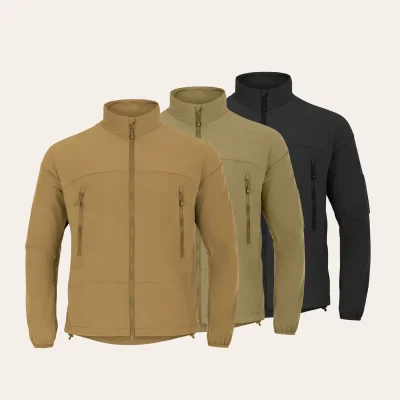 The Highlander Forces Hirta Softshell Jacket in coyota tan and ranger green and black