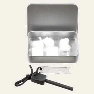 MFH flint starter set with fire steel, cotton wick, fuel pellets and metal case - compact for outdoor and tree climbing activities