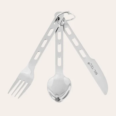 Lightweight stainless steel cutlery with carrying ring for outdoors and camping