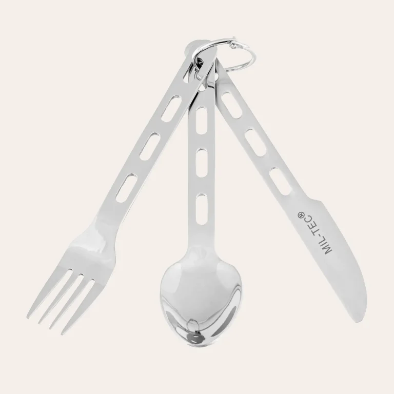 Lightweight stainless steel cutlery with carrying ring for outdoors and camping