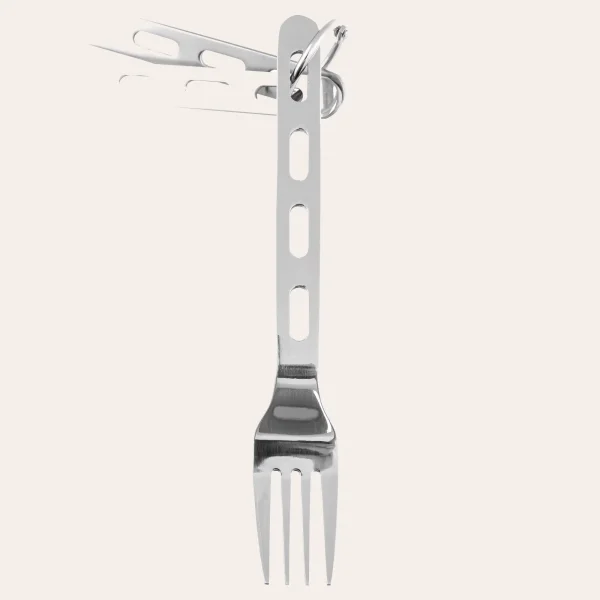 Lightweight stainless steel cutlery with carrying ring for outdoors and camping