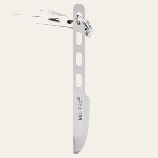 Lightweight stainless steel cutlery with carrying ring for outdoors and camping