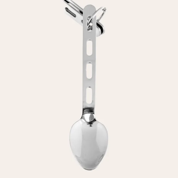 Lightweight stainless steel cutlery with carrying ring for outdoors and camping