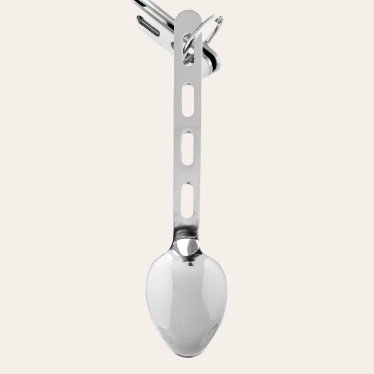 Lightweight stainless steel cutlery with carrying ring for outdoors and camping