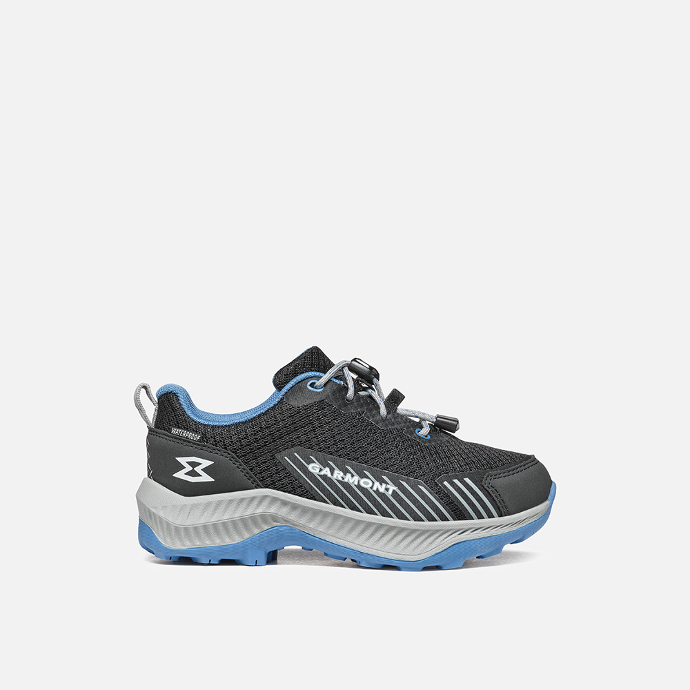 Sapato Garmont 9.81 KIDS PULSE WP preto e azul de coronet Sapato de exterior impermeável para crianças Garmont 9.81 KIDS PULSE WP com sola robusta e parte superior respirável para todas as condições climatéricas