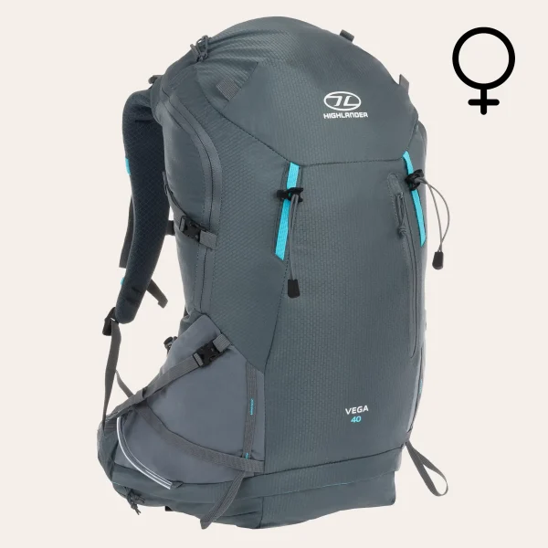 Highlander-Outdoor-Vega-mulher-40l-RUC290L-GR-01 Mochila Highlander Outdoors Vega 40l cinzenta para mulher, artigo RUC290L-GR, mochila de trekking leve com sistema de transporte específico para mulher