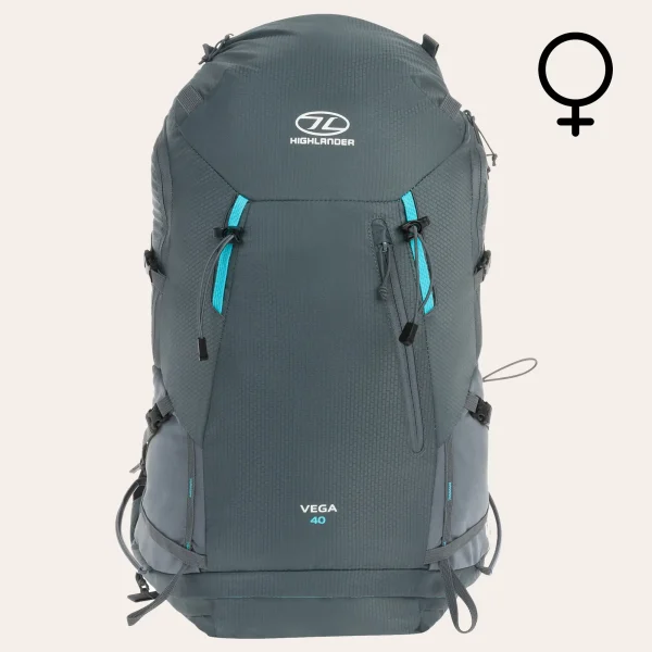 Highlander-Outdoor-Vega-mulher-40l-RUC290L-GR-02 Mochila Highlander Outdoors Vega 40l cinzenta para mulher, artigo RUC290L-GR, mochila de trekking leve com sistema de transporte específico para mulher