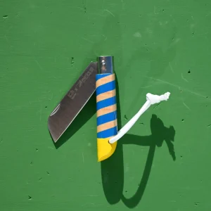 ignife navalha com forma de lâmina portuguesa de Martins Palaçoulo, edição especial para o Caminho de Santiago, cabo de madeira pintado à mão e paracord fluorescente