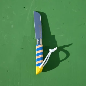 ignife navalha com forma de lâmina portuguesa de Martins Palaçoulo, edição especial para o Caminho de Santiago, cabo de madeira pintado à mão e paracord fluorescente