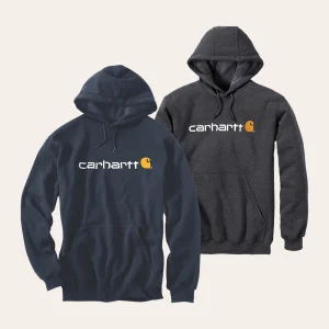 Carhartt Loose Fit Midweight Signature Logo hooded sweatshirt in Carbon Heather and New Navy