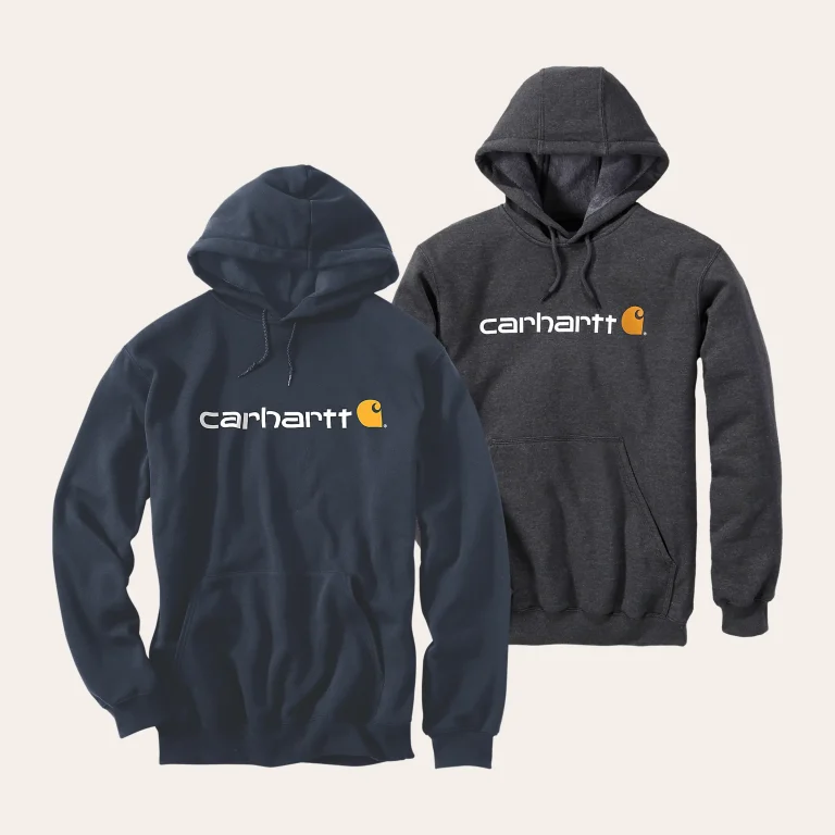 Camisola Carhartt Loose Fit Midweight Signature Logo com capuz em Carbon Heather e New Navy