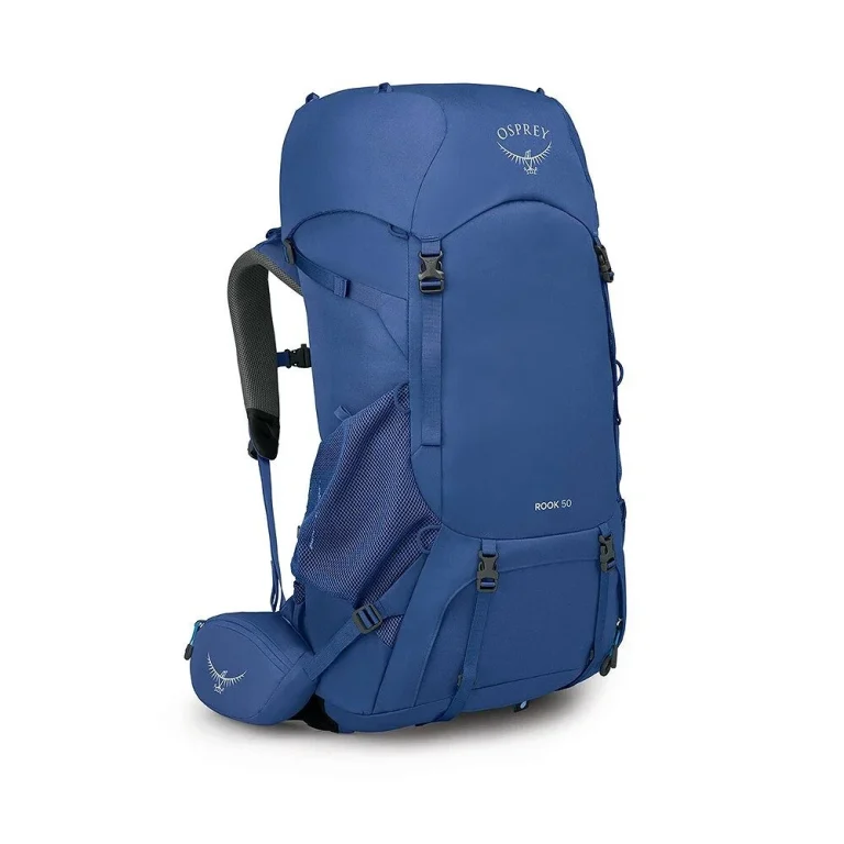 Osprey Rook 50 trekking backpack with AirSpeed system, sleeping bag compartment and integrated rain cover for hiking and trekking.