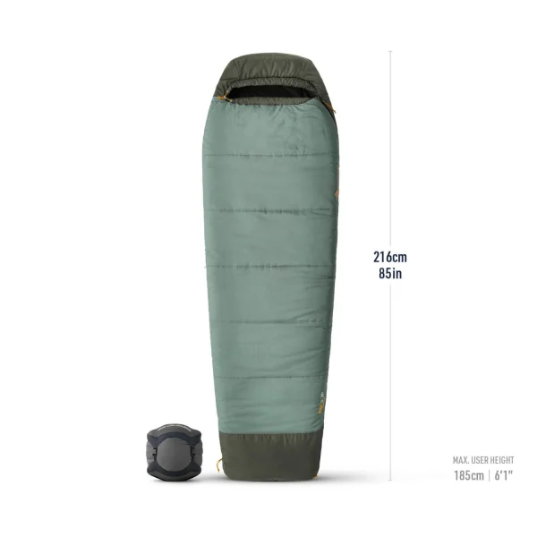 Sea to Summit Boab -1 synthetic sleeping bag with tapered-rectangular shape, Revive Loft insulation and recycled materials.