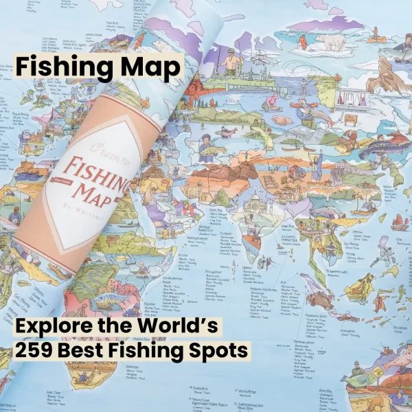 Awesome Maps poster with adventure and travel themed map for outdoor activities such as hiking, surfing, mountain biking and fishing