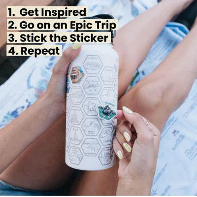 Awesome Maps Adventure Bottle insulated thermos with travel stickers to mark destinations and adventures