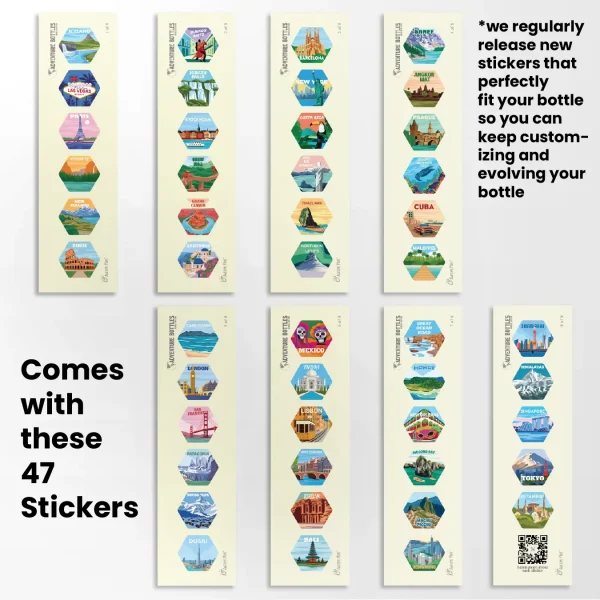 Garrafa térmica isolada Awesome Maps Adventure Bottle com autocolantes de viagem para marcar destinos e aventuras