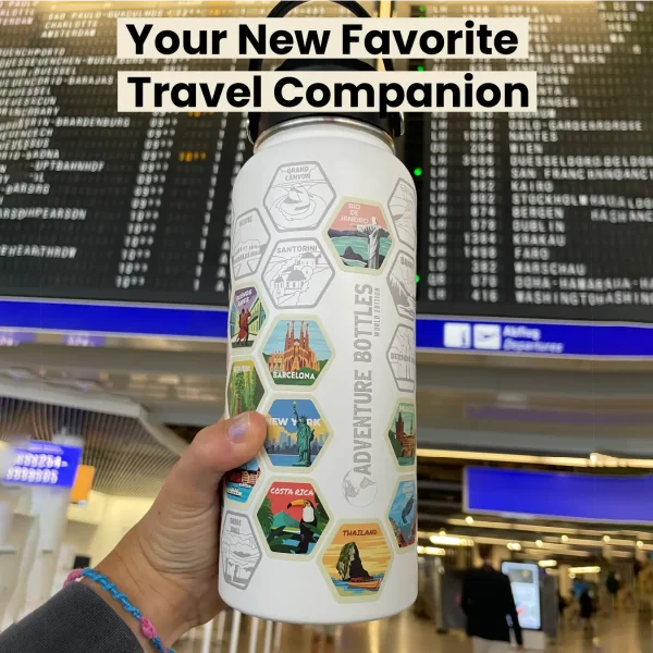Garrafa térmica isolada Awesome Maps Adventure Bottle com autocolantes de viagem para marcar destinos e aventuras