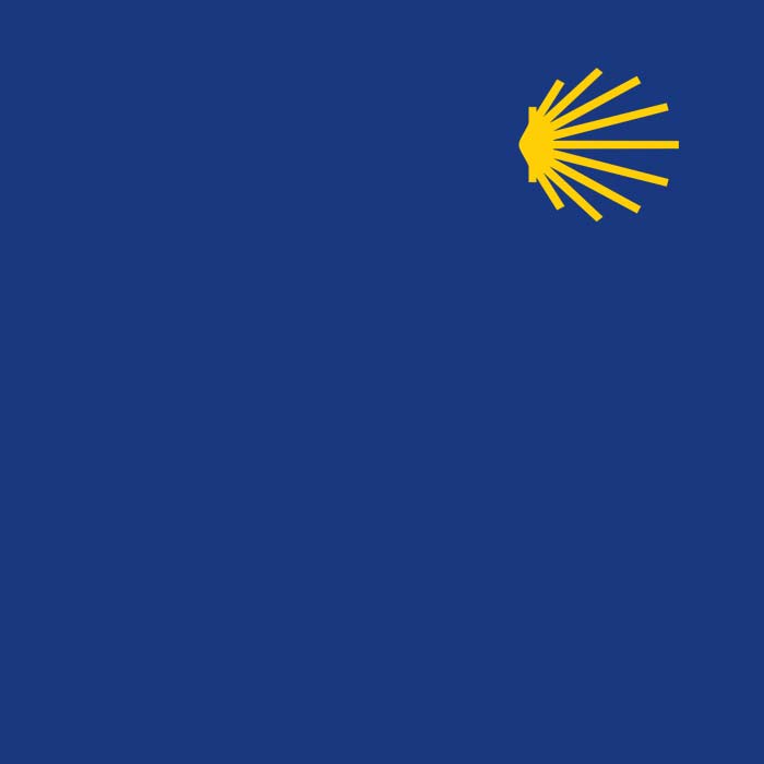 Symbol of the Way of St James in the shape of a yellow shell on a blue background, official signpost for pilgrims on the Portuguese Way of St James