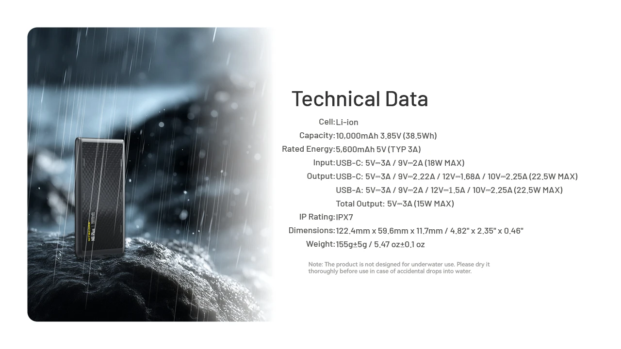 Powerbank Nitecore NB Plus 10000mAh lightweight waterproof IPX7 portable charger USB-C USB-A camping equipment outdoor power