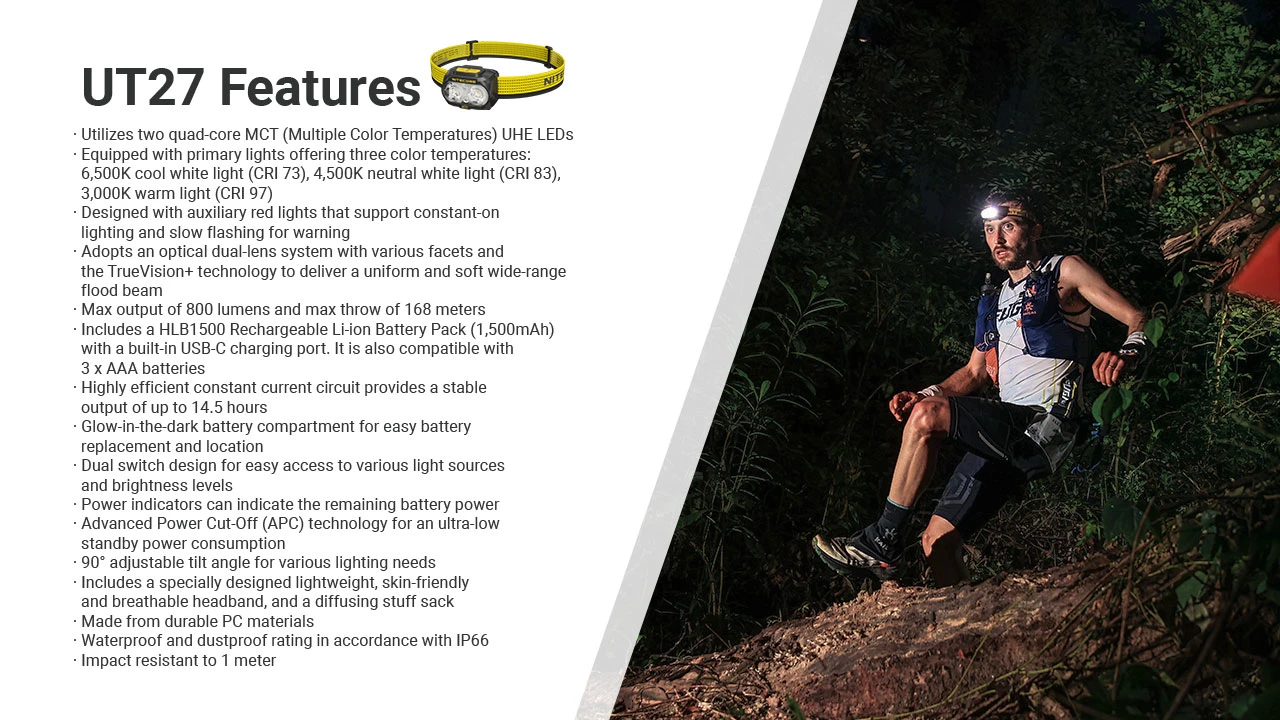 Lanterna frontal Nitecore UT27 800 lúmenes luz LED trail running trekking outdoor iluminação cabeça leve recarregável USB-C CRI alto