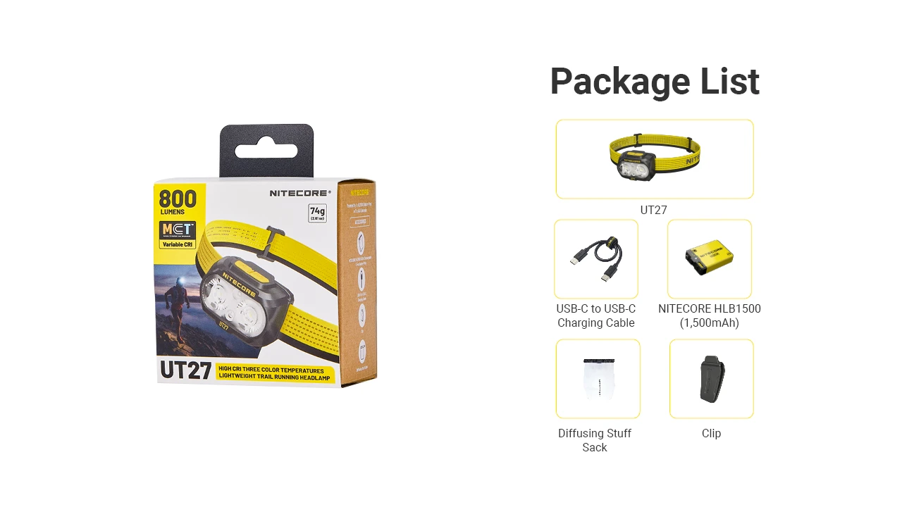 Lanterna frontal Nitecore UT27 800 lúmenes luz LED trail running trekking outdoor iluminação cabeça leve recarregável USB-C CRI alto