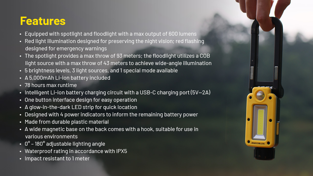 Nitecore NWL20 10 Nitecore NWL20 lanterna multifunções recarregável com luz COB, foco LED, luz vermelha, base magnética e bateria de 5000mAh para campismo e atividades outdoor