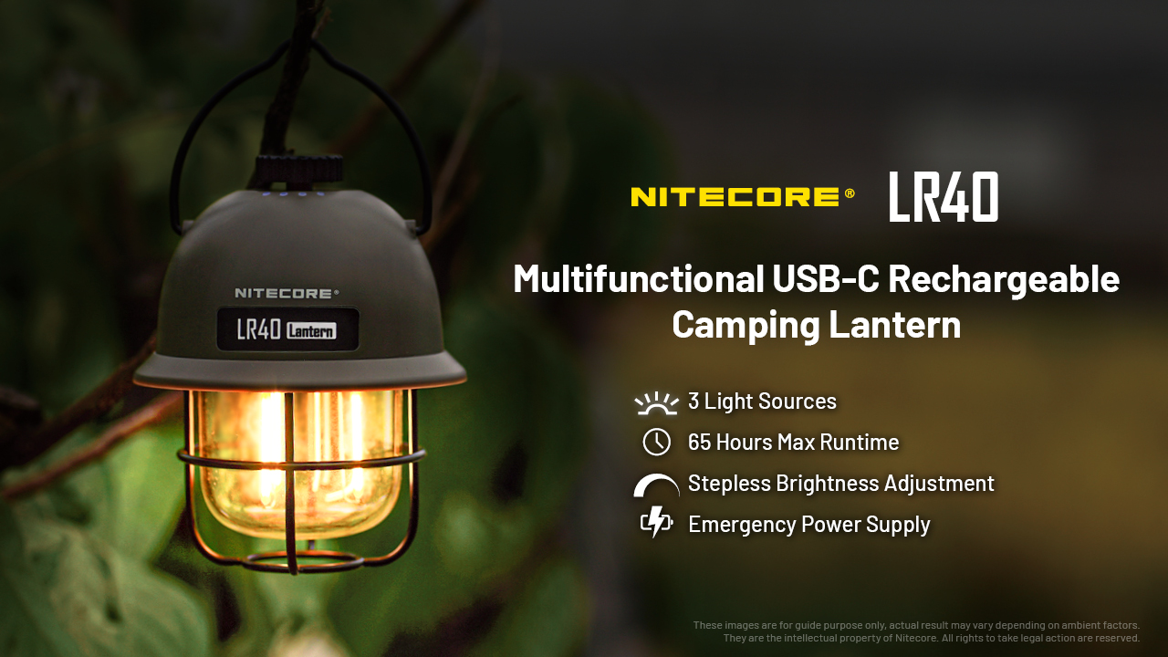 Nitecore LR40 1 Lanterna Nitecore LR40 suspensa numa tenda de campismo com iluminação LED ambiente