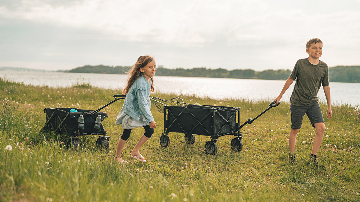 Foldable beach and camping trolley with a large load capacity for outdoor equipment