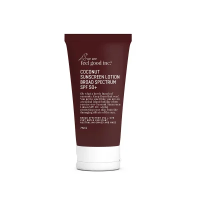 We Are Feel Good Inc Coconut Sunscreen Lotion SPF50+ with tropical coconut fragrance