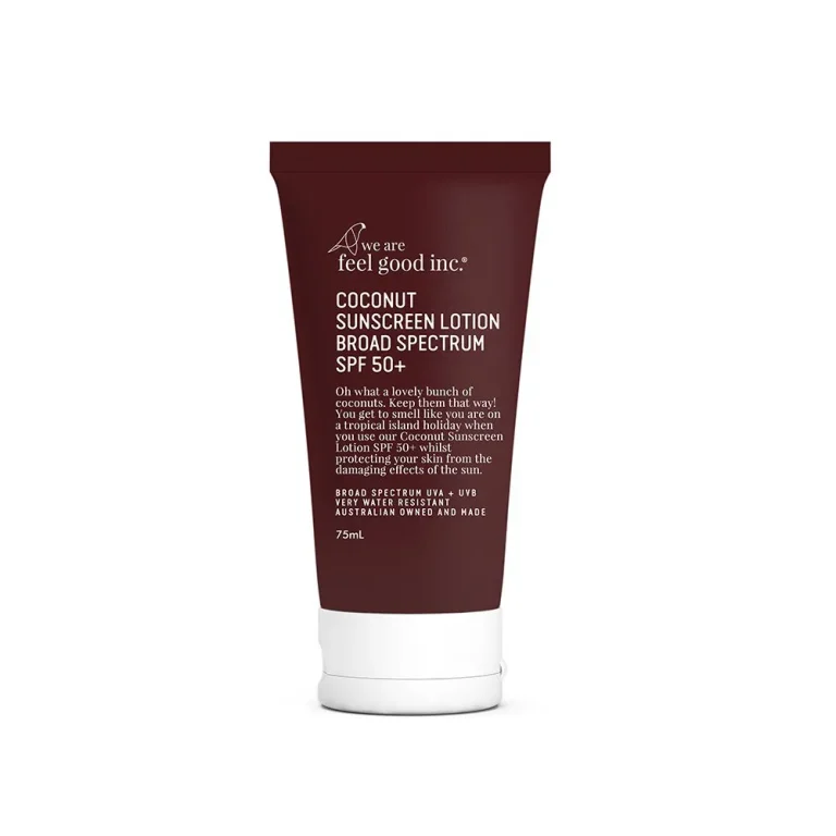 We Are Feel Good Inc Coconut Sunscreen Lotion SPF50+ with tropical coconut fragrance